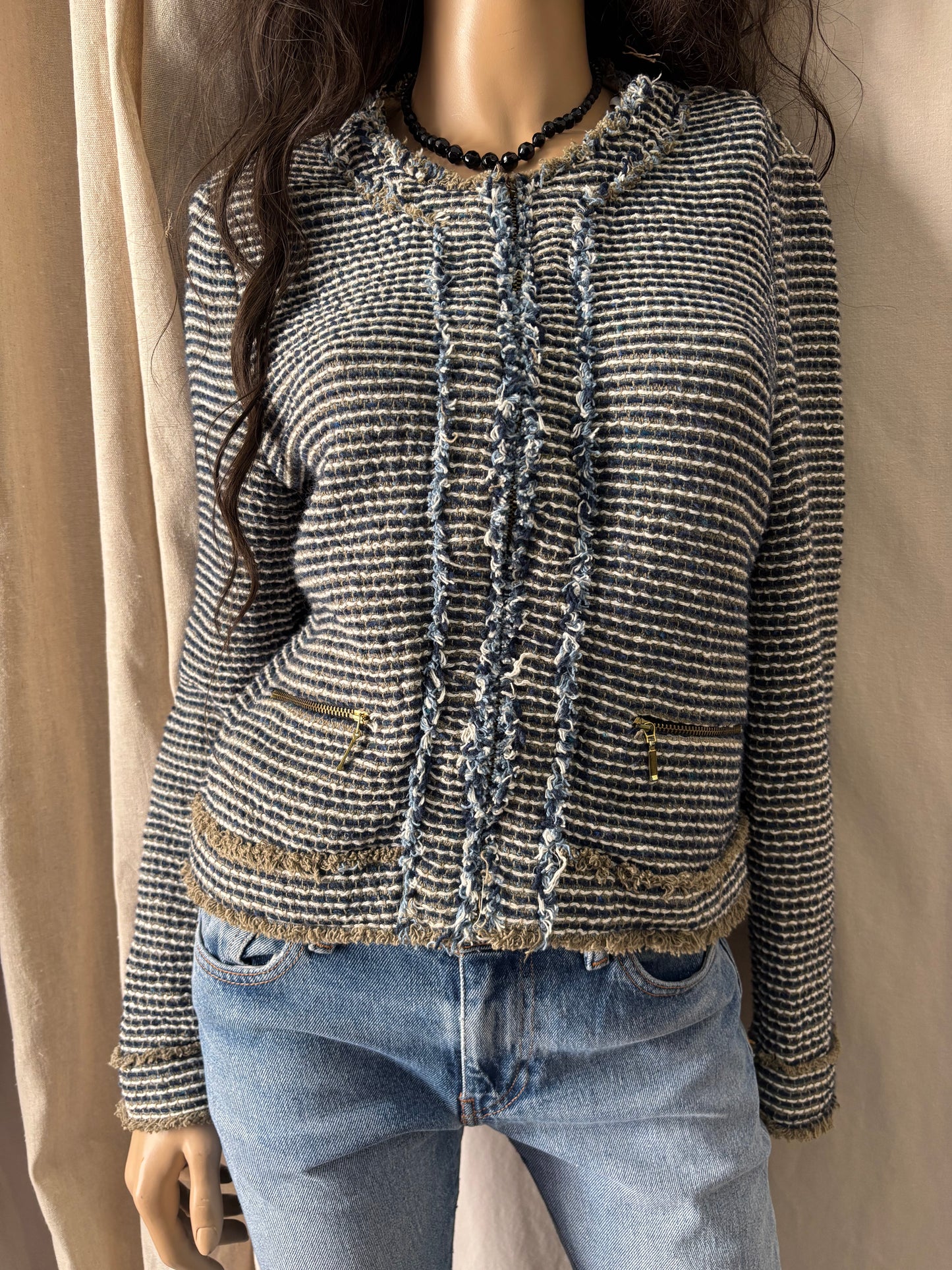 Zara basic - Veste style tweed bleu & beige – taille L – esprit chic