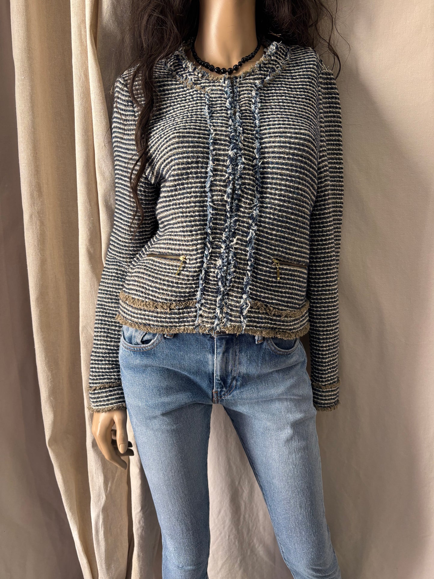 Zara basic - Veste style tweed bleu & beige – taille L – esprit chic