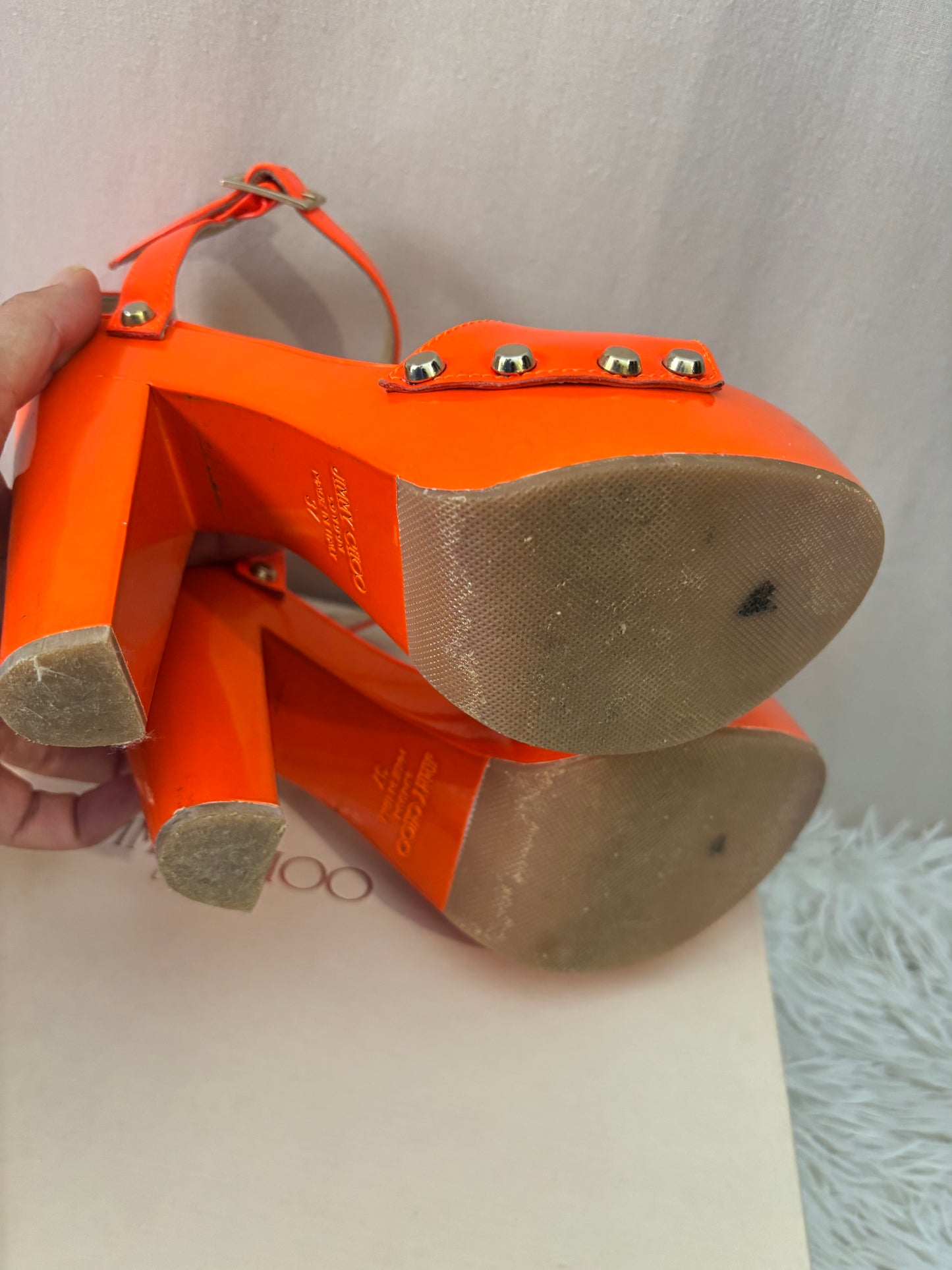 Jimmy Choo - Sandales plateforme - Umbra en cuir verni orange – talons hauts – Taille 37