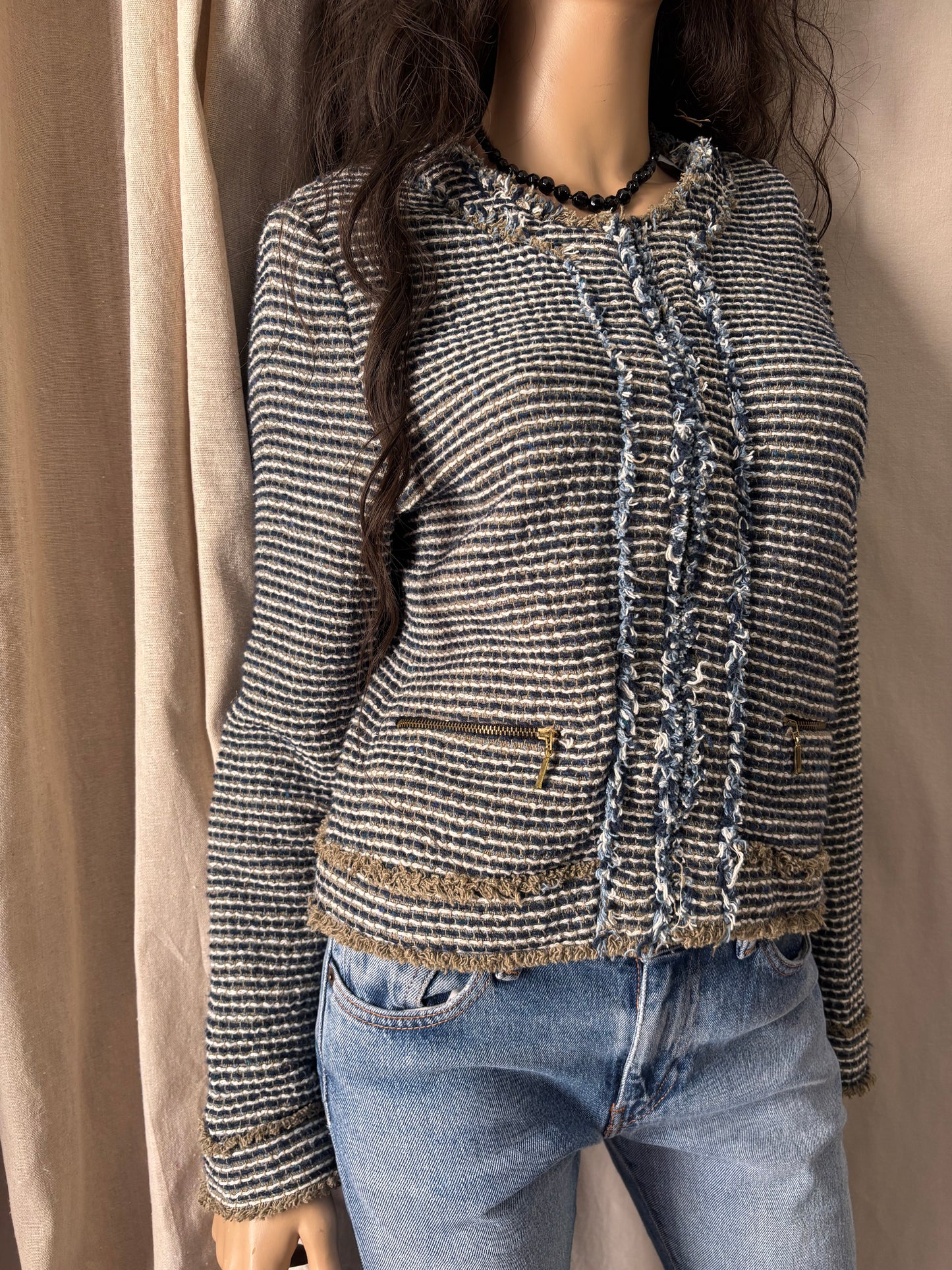 Zara basic - Veste style tweed bleu & beige – taille L – esprit chic