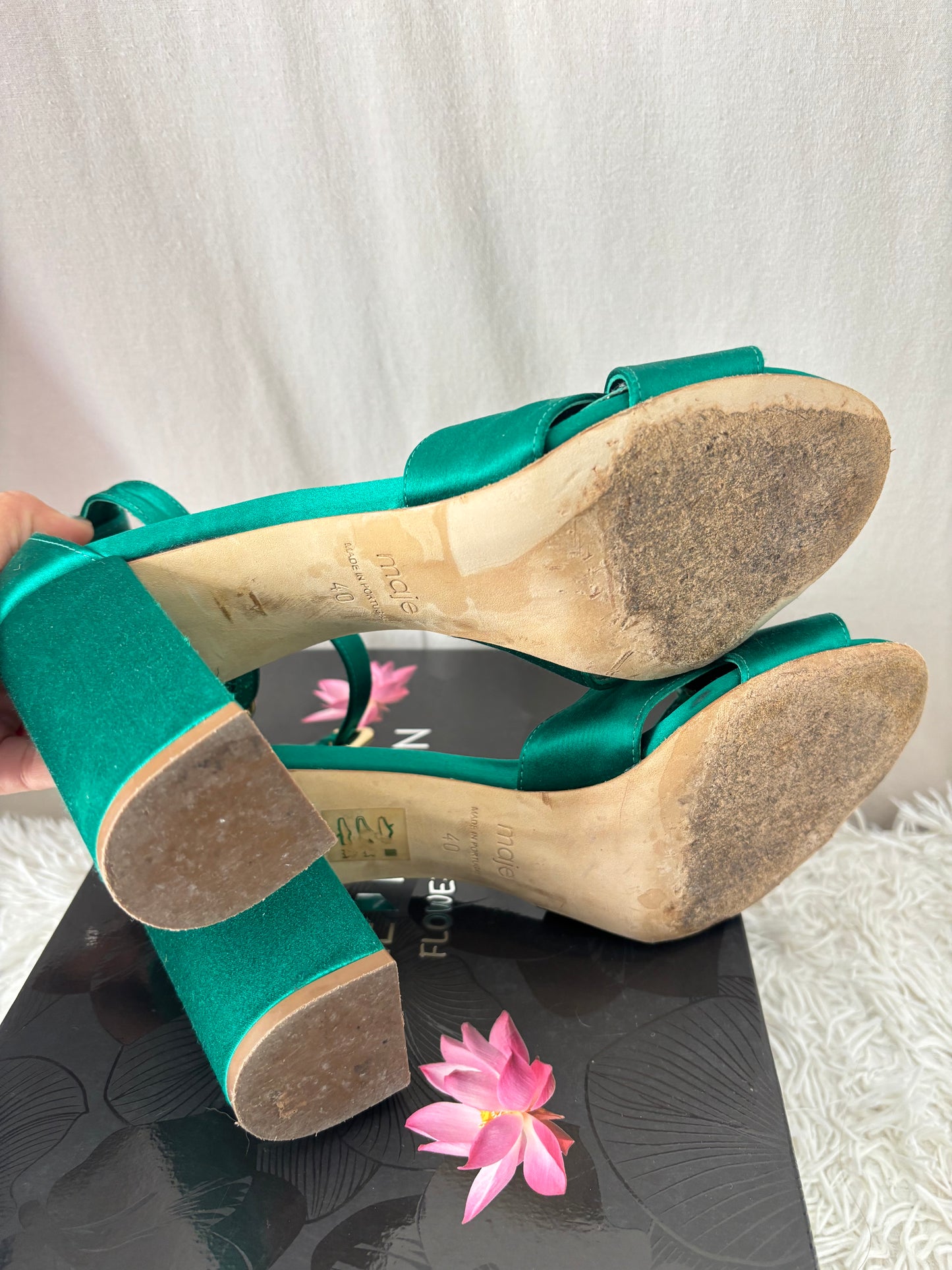 Sandales à talons Maje satin vert émeraude – Taille 40