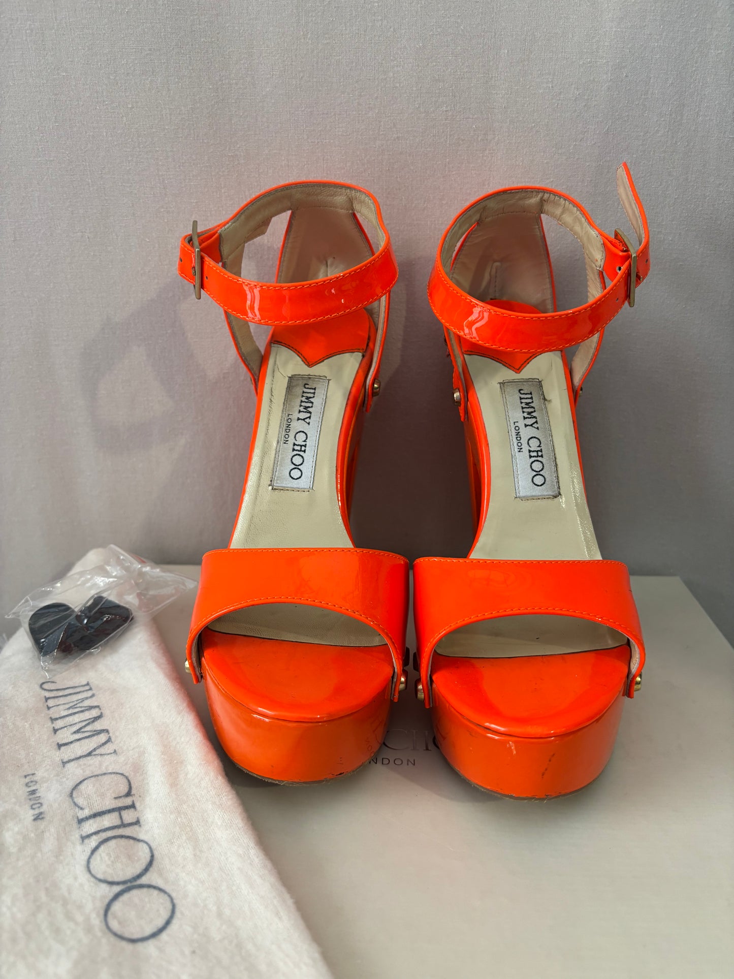 Jimmy Choo - Sandales plateforme - Umbra en cuir verni orange – talons hauts – Taille 37