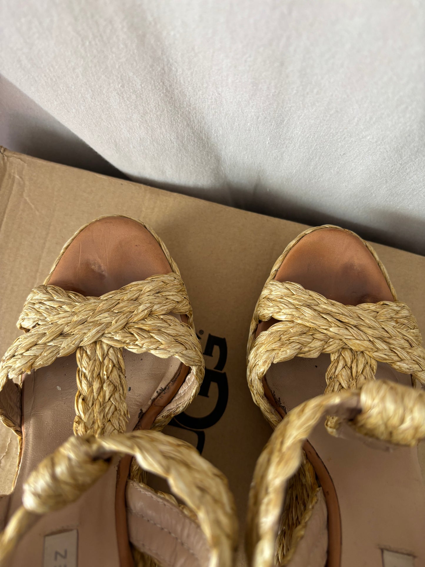 Sandales compensées Pura López en raphia beige – Taille 36