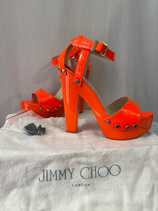 Jimmy Choo - Sandales plateforme - Umbra en cuir verni orange – talons hauts – Taille 37