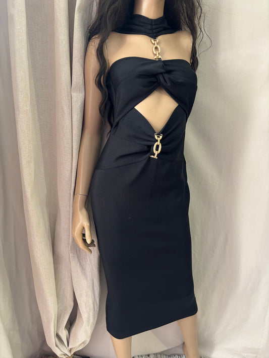 Robe midi noire cut-out à chaînes dorées – Glamour soirée - TM
