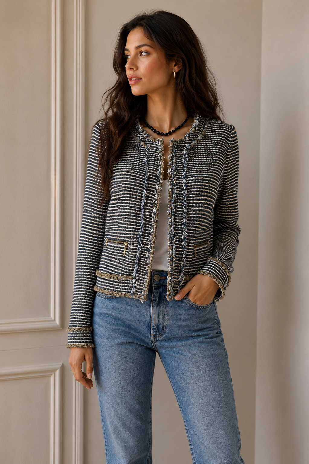 Zara basic - Veste style tweed bleu & beige – taille L – esprit chic